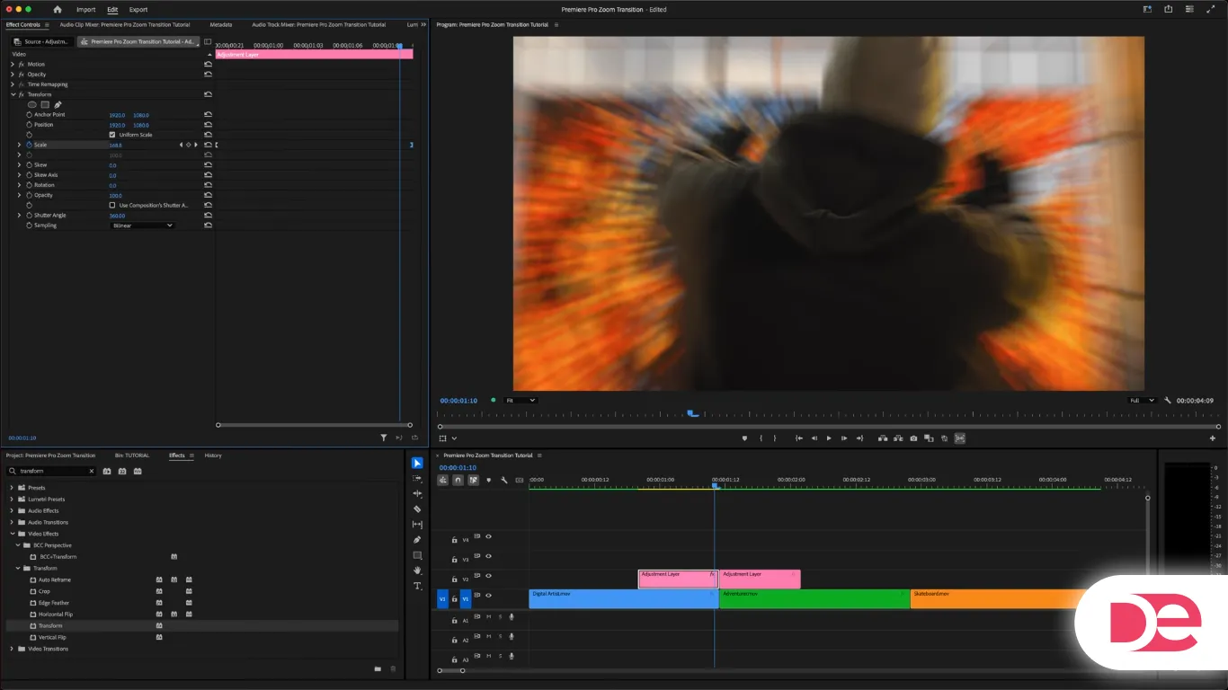 Adobe Premiere Pro interface demonstrating a zoom blur transition effect using adjustment layers and transform controls in the Effect Controls panel, with the Disruptiv-e logo