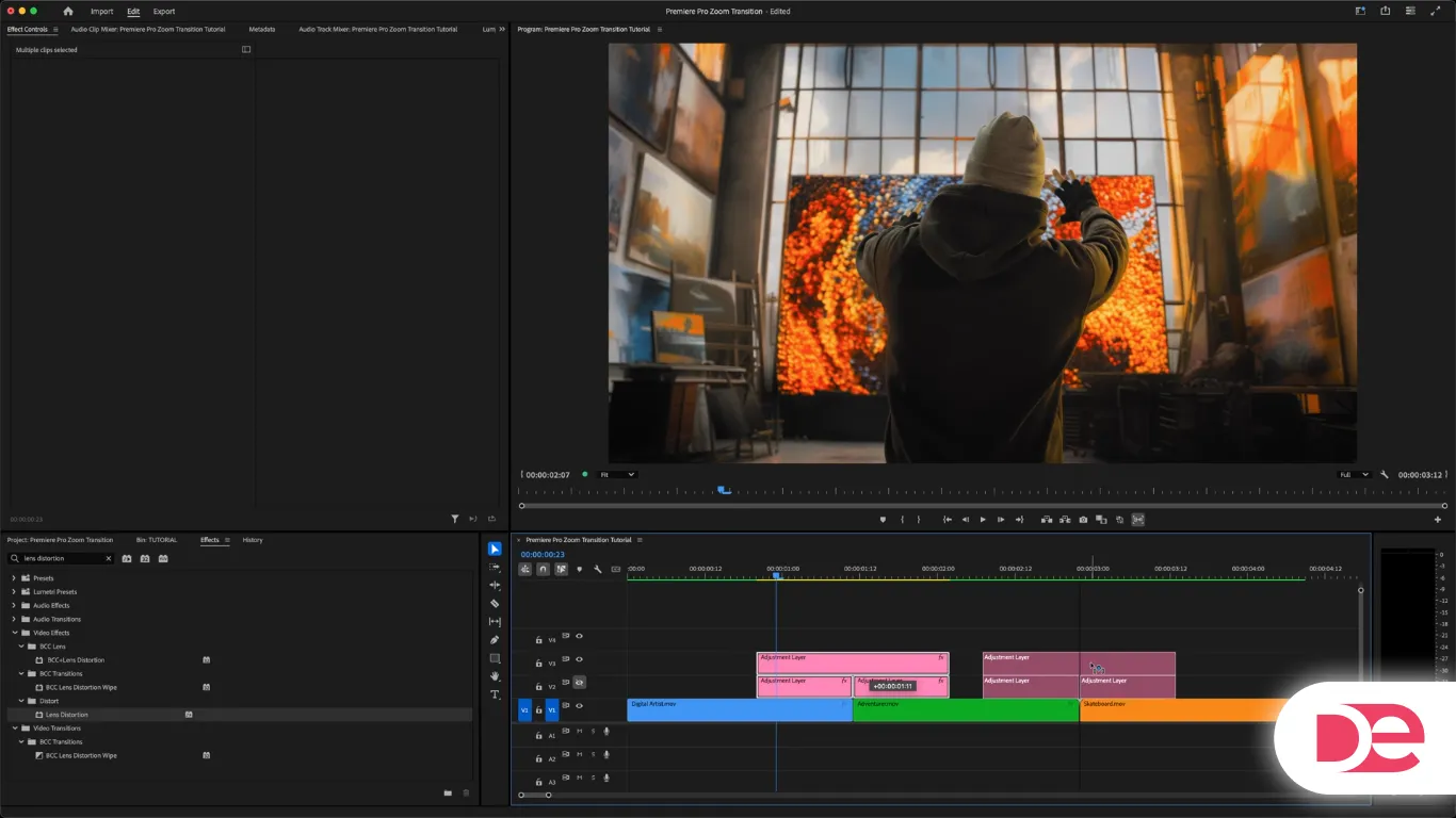 Final stage of a Premiere Pro zoom-through transition tutorial using multiple adjustment layers, with lens distortion and blur effects applied for smooth scene blending