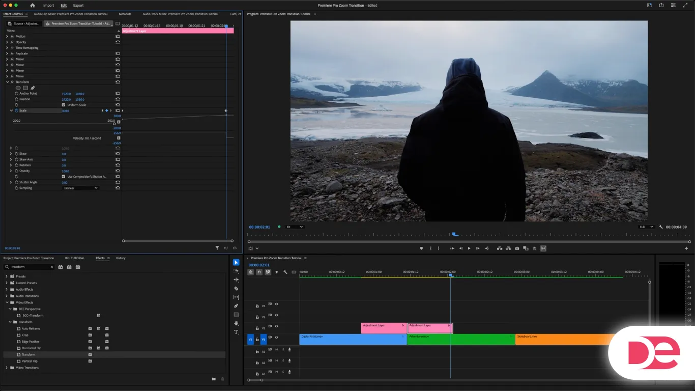 Premiere Pro zoom transition using scale keyframes in the Effect Controls panel, with a hiker looking at a frozen landscape, demonstrating seamless scene movement in video editing