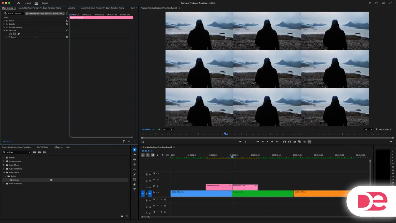 Adobe Premiere Pro interface showing Replicate video effect applied to an adjustment layer, creating a grid of mirrored landscape clips, used in a zoom transition tutorial with Disruptiv-e logo