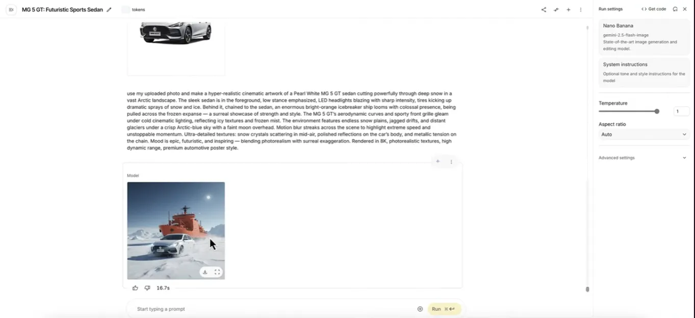 AI-generated concept of a Pearl White MG 5 GT futuristic sports sedan towing a massive orange icebreaker ship across an Arctic landscape, cinematic 8K design with photorealistic snow and dynamic motion effects.