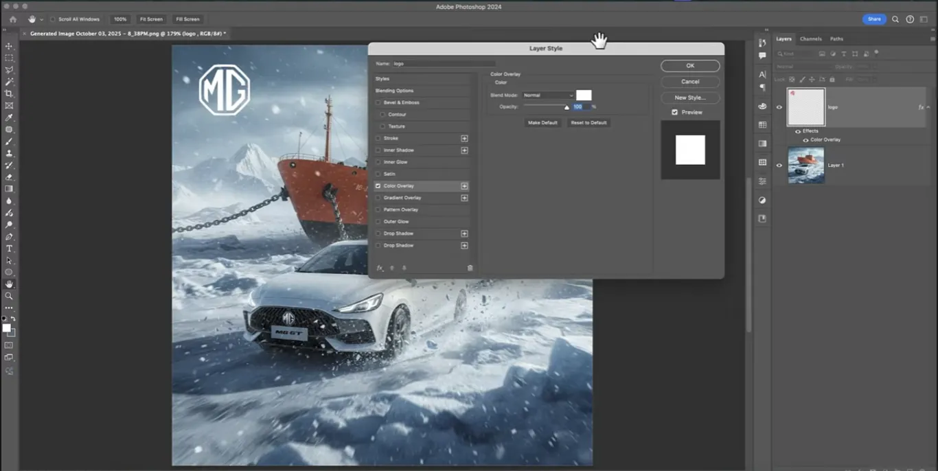 Editing MG logo overlay in Adobe Photoshop on a cinematic Arctic poster featuring the MG 5 GT futuristic sports sedan towing a giant icebreaker ship, advanced design layer effects for branding.