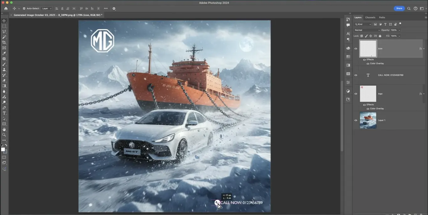 Photoshop composition of MG 5 GT futuristic sports sedan pulling an enormous icebreaker ship through an Arctic snowstorm, with MG brand logo and cinematic poster-style design elements.