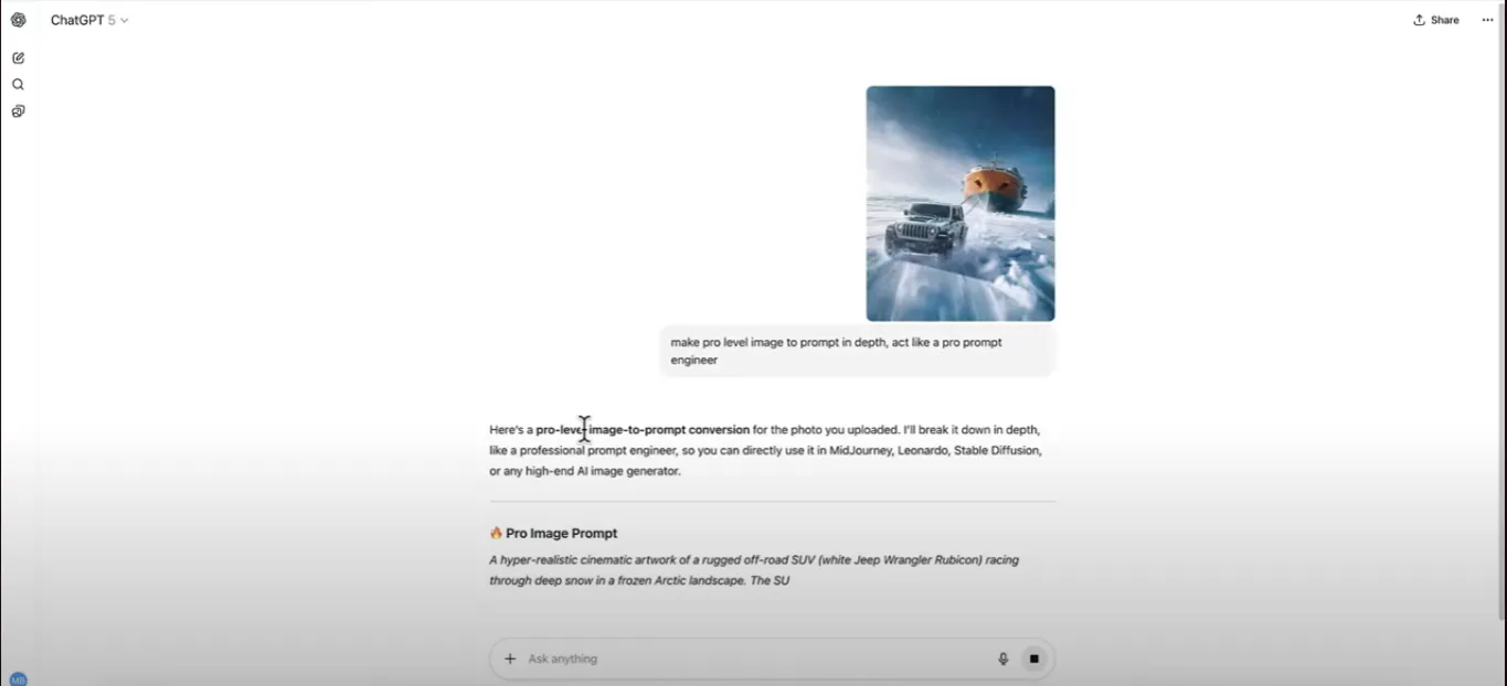 Professional AI prompt engineering example showing hyper-realistic image-to-prompt conversion for a rugged SUV racing through deep Arctic snow with a colossal icebreaker in the background.