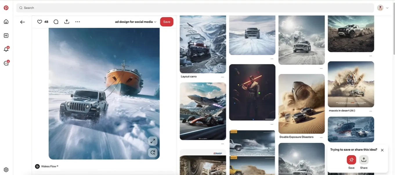 Creative ad design featuring a Jeep Wrangler SUV racing through frozen Arctic snow while towing a gigantic orange icebreaker, futuristic cinematic automotive concept for social media campaigns.