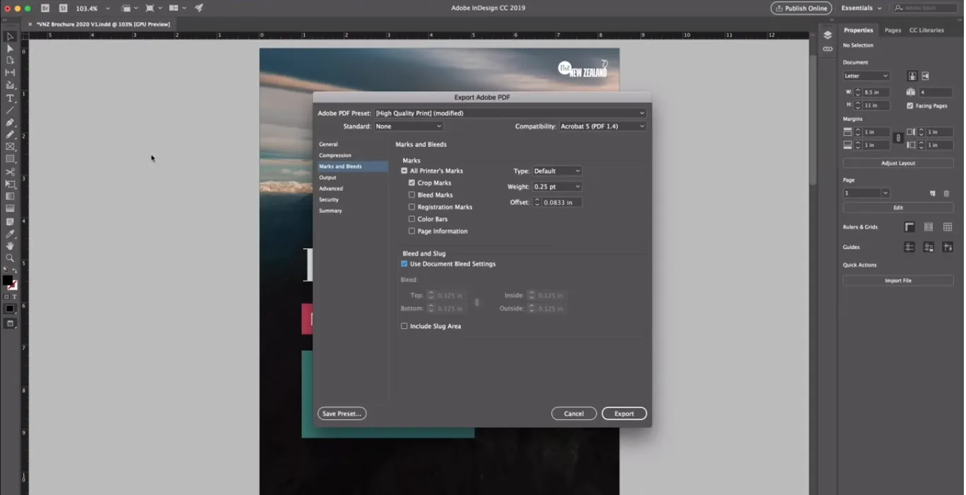 Export settings window in InDesign with PDF print preset and preflight check summary.