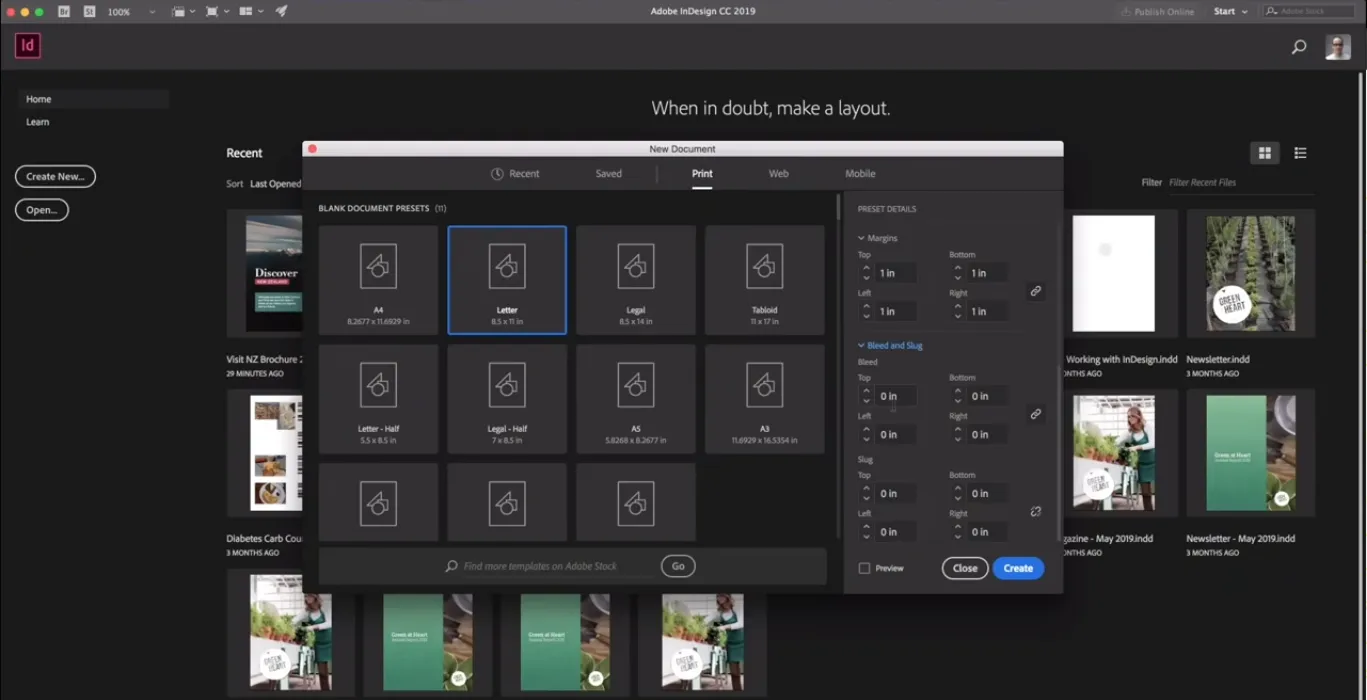 InDesign New Document dialog showing page size, margins, and bleed settings configured.