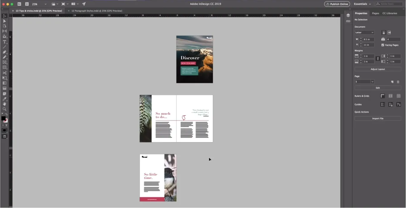 Master Page setup in InDesign showing repeated header/footer elements across multiple pages.