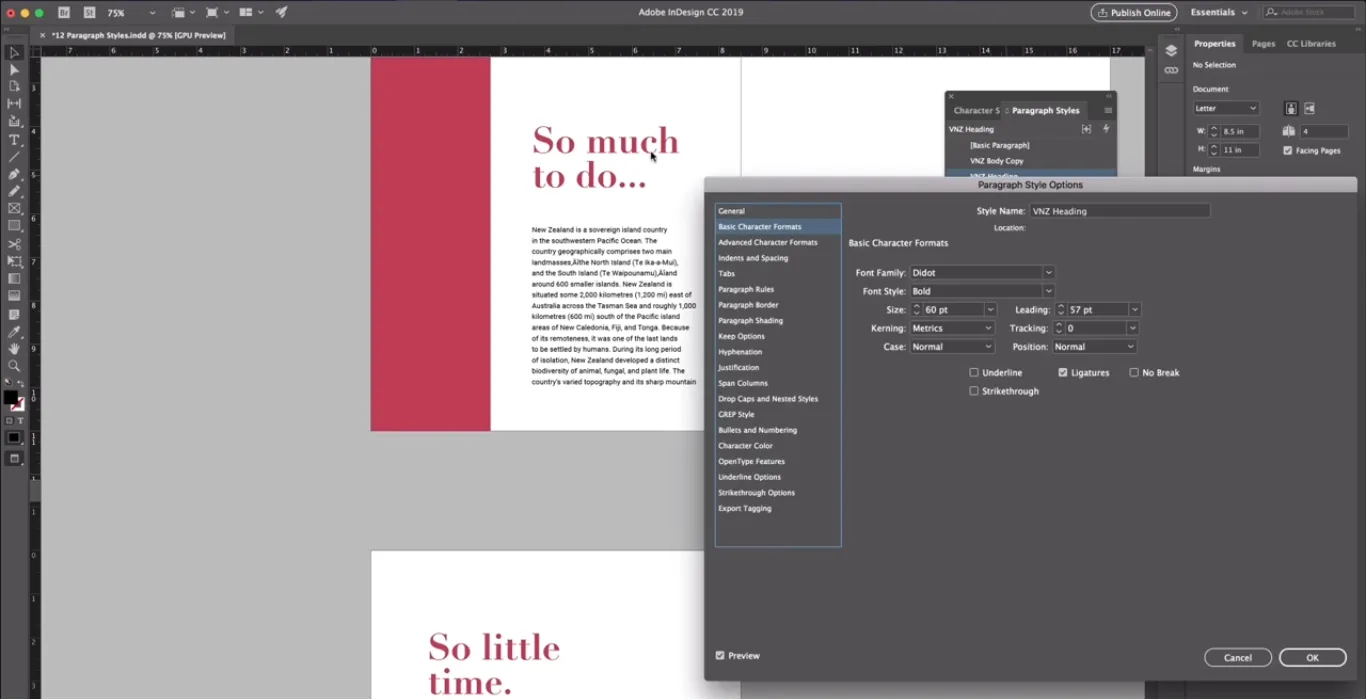InDesign layout with style panel and smart guides aligning text and image elements.