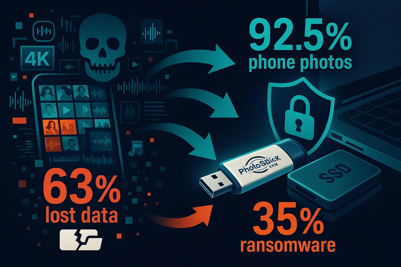 Infographic on long-term digital media storage: 63 % of users lose files, 92.5 % of photos live on phones, 35 % of 2025 cyberattacks are ransomware; arrows point data from a vulnerable smartphone to secure SSD, locked cloud, and PhotoStick Omni USB backup.
