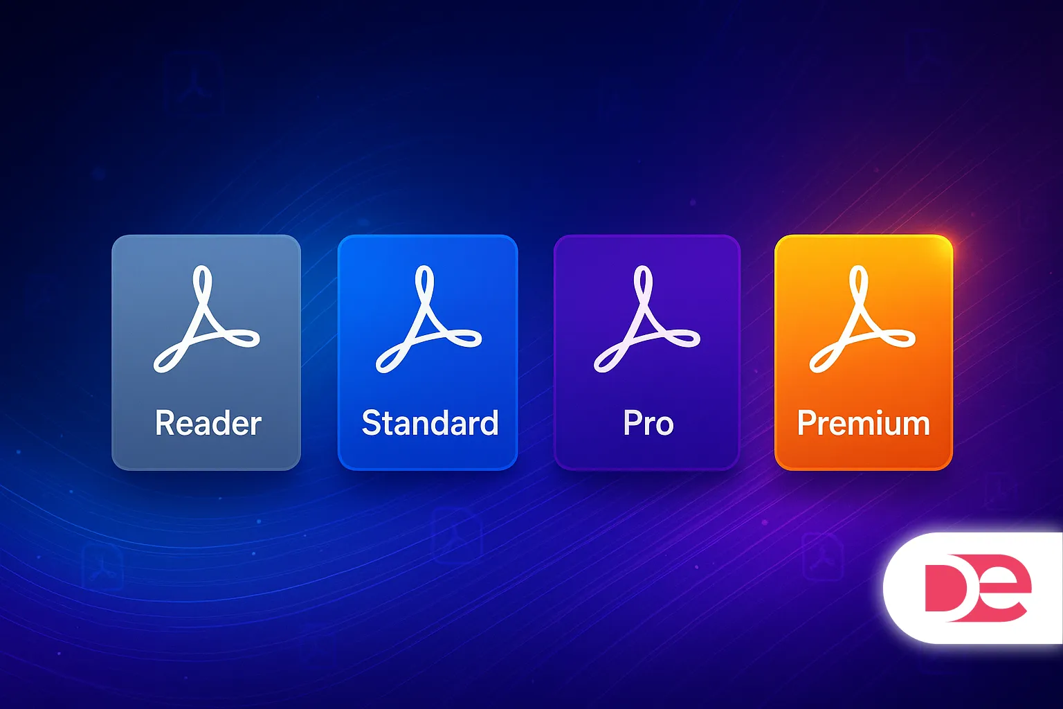 Visual comparison of Adobe Acrobat plans: Reader, Standard, Pro, and Premium, each represented by colored icons on a gradient background with the Disruptiv-e logo