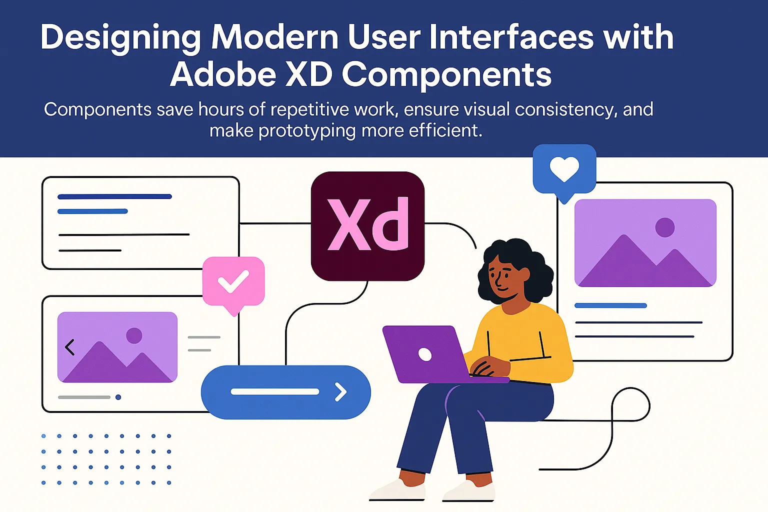Illustration of a designer using Adobe XD with reusable UI components like buttons, navigation bars, and cards, highlighting efficiency, consistency, and prototyping benefits.