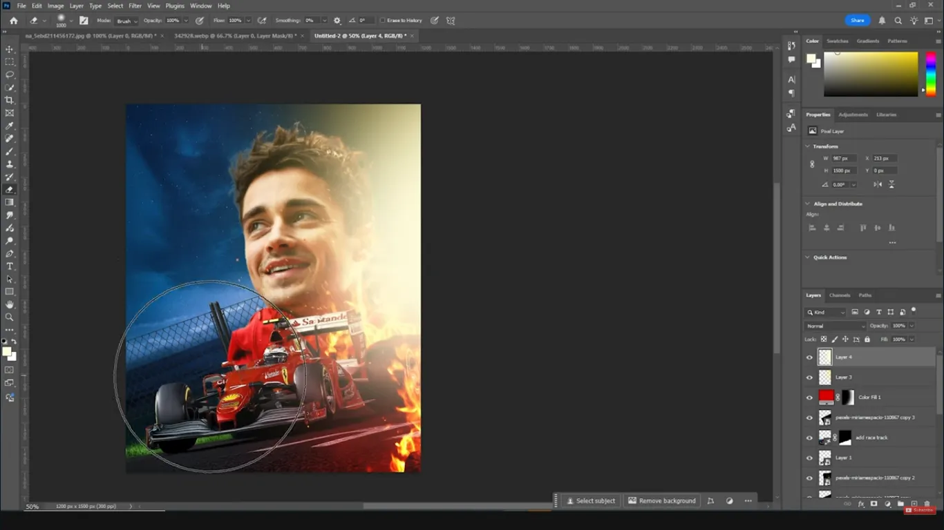 close up of fire overlays and glow effects applied around an athlete in photoshop sports poster