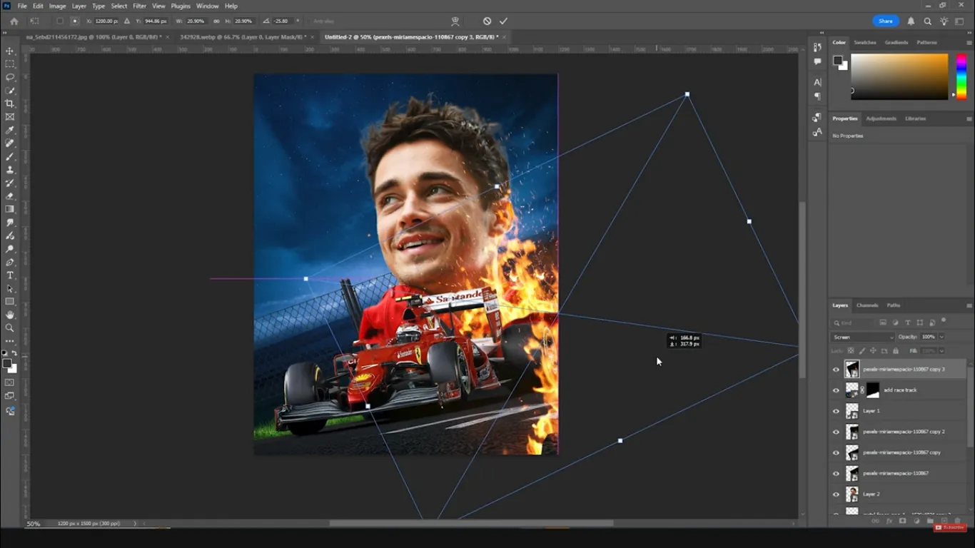photoshop layer stack with athlete sky fence and fire overlays organized for sports poster