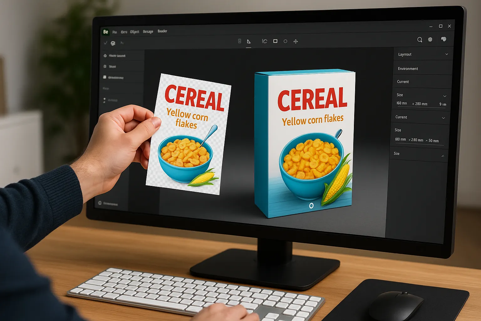 Label application inside Adobe Dimension Designer applies cereal-box label onto 3D model in Adobe Dimension UI